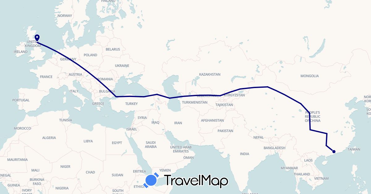 TravelMap itinerary: driving in Azerbaijan, China, United Kingdom, Georgia, Kazakhstan, Turkey, Uzbekistan (Asia, Europe)